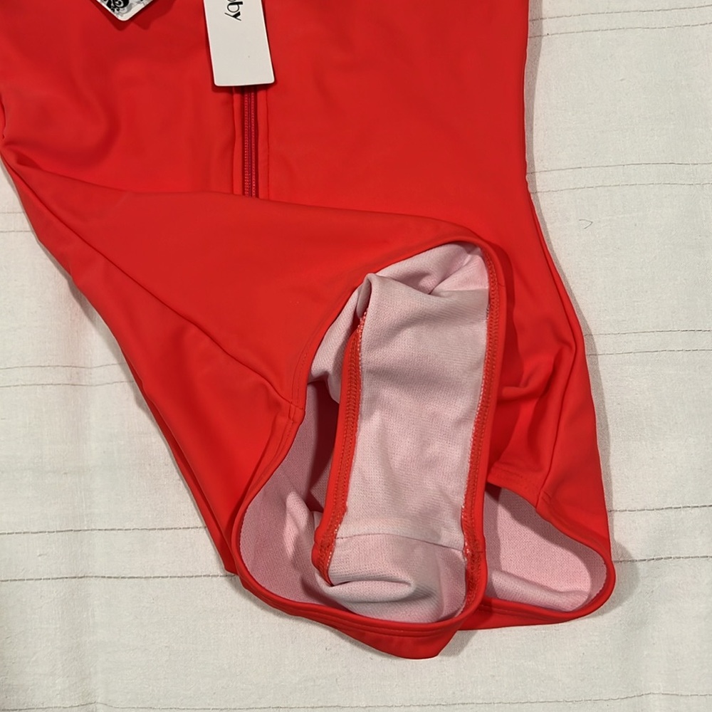 Coral/Pink Swimsuit One Piece Mesh Cap Sleeves Front Zipper Built In Bra - Picture 9 of 12